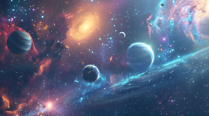 A vibrant cosmic scene with planets, stars, and galaxies on a deep space background. Concept of the vastness and beauty of the universe