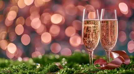 Pink Champagne Glasses on Glitter Background, New Year Celebration Toast Festive Rose Gold Sparkle Bokeh Lights
