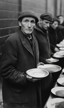 Stark portrayal - black and white depiction of Great Depression's drama, capturing intense hardship, emotional struggles, bleak realities of turbulent era through striking contrasts, powerful imagery.