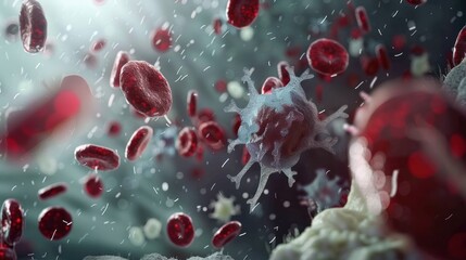 Naklejka premium Microscopic View of Blood Cells and a White Blood Cell