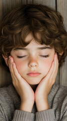 Fototapeta premium teenage boy with closed eyes and messy brown hair resting head in hands