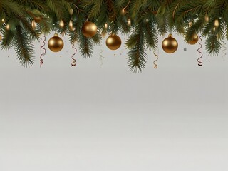 Christmas tree branches ball border design on white background