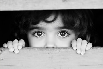 young child peeking over wooden barrier