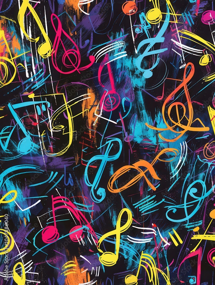 Aufkleber a vibrant chalkboard displays artistic brush strokes intertwined with colorful musical notes, showca