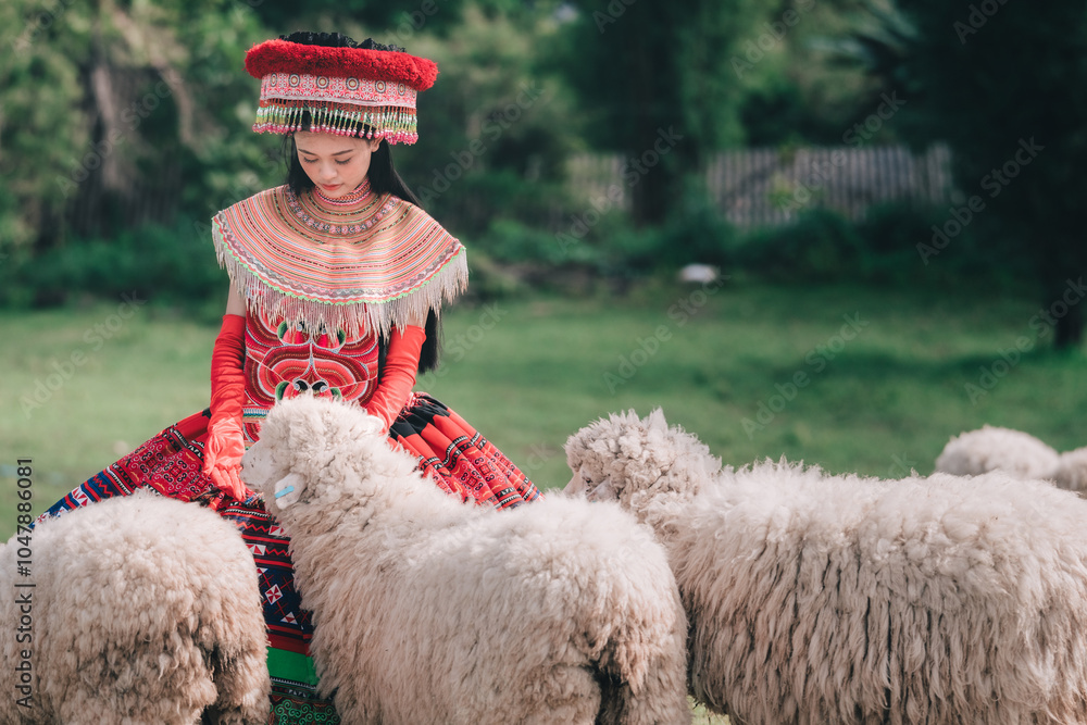 Wall mural A glimpse of traditional dress and sheep herding in a vibrant cultural setting.