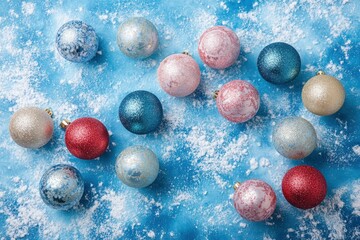 Christmas banner or greeting card design. Christmas tree balls on snow background. Wide Xmas banner mockup, header, flyer