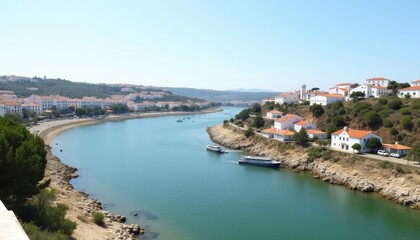  Tranquil waterside village under clear skies
