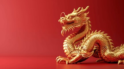 3D Rendering of Golden Chinese Dragon on Red Background in High Resolution Photography