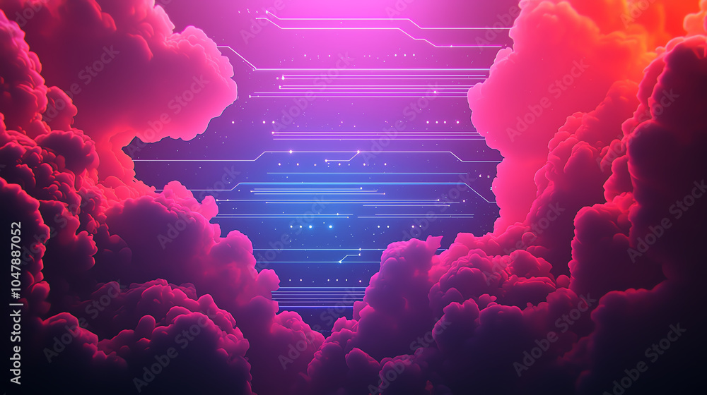 Poster serverless cloud platform, floating digital clouds, neon circuitry background