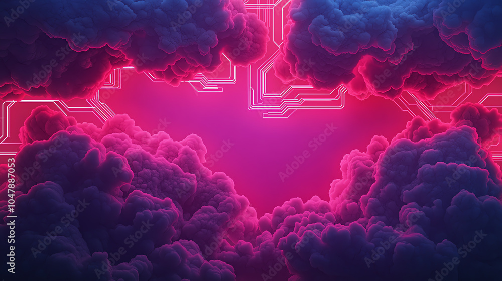 Poster serverless cloud platform, floating digital clouds, neon circuitry background