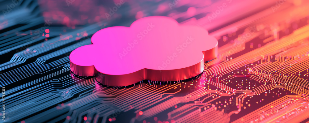 Poster cloudbased serverless infrastructure, vibrant data layers, futuristic tech city