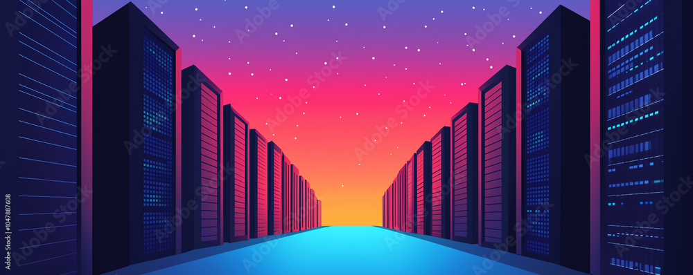 Poster cloudbased serverless infrastructure, vibrant data layers, futuristic tech city