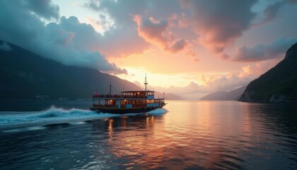 Obraz premium Serenity at sunset A serene boat journey on a mountain lake