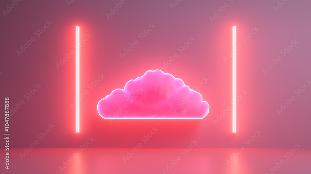 Aufkleber floating serverless architecture, glowing neon cloud systems, futuristic digital world