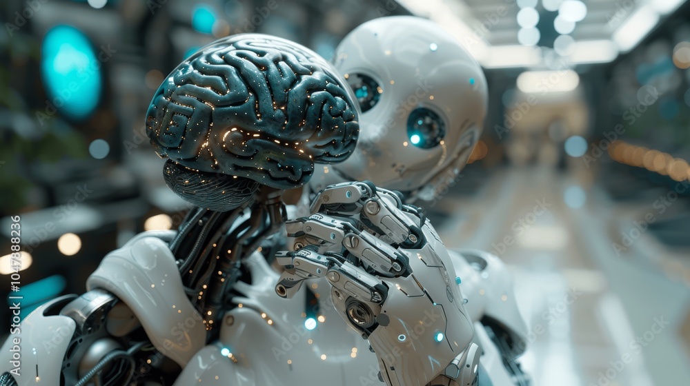 Poster robot hands holding ai brain hologram - digital technology concept of artificial intelligence and ma
