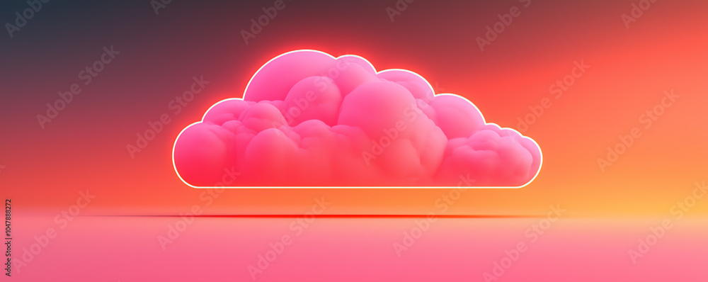 Poster floating cloud architecture, serverless data transfer, vibrant neon circuits