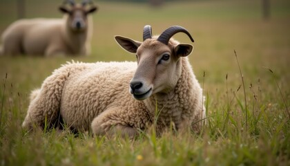 Fototapeta premium Peaceful pasture with two rams