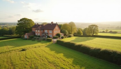  Elegant country house with manicured lawn and hedges bathed in sunlight