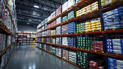 Efficient cold storage warehouse with organized shelves of products
