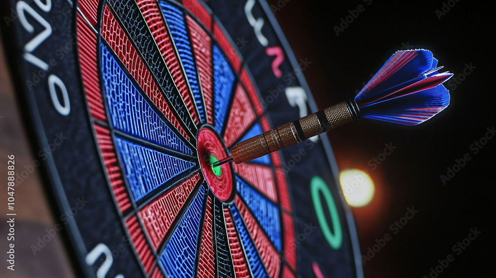 Poster dartboard close up with dart hitting bullseye, showcasing precision and focus