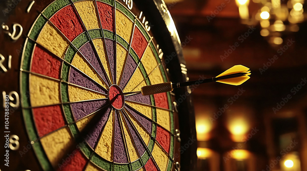 Poster dartboard close up with dart hitting bullseye, showcasing precision and focus