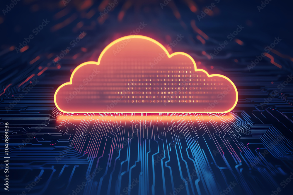 Poster neonlit serverless cloud systems, digital data hubs, futuristic abstract tech