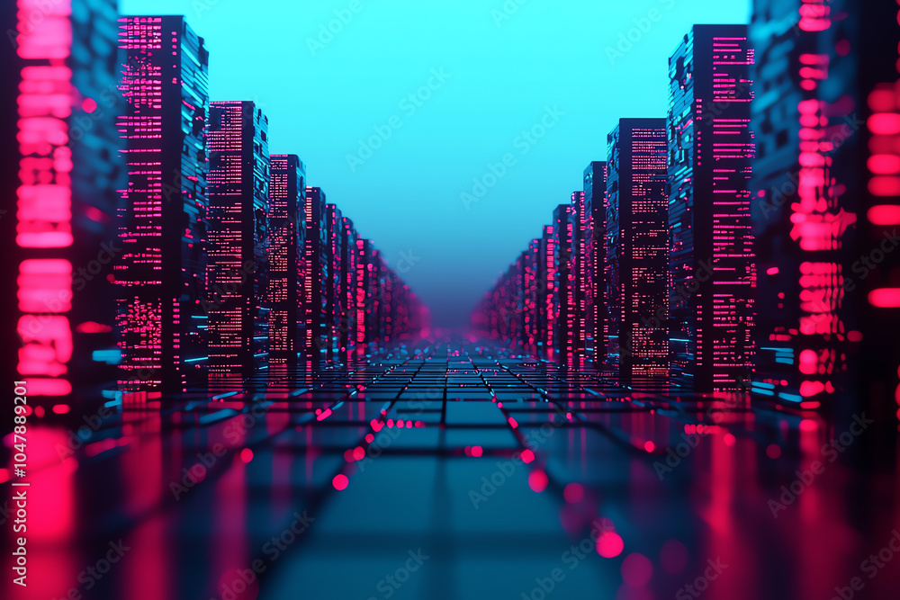 Poster cloud computing, serverless data flow, ultramodern city view