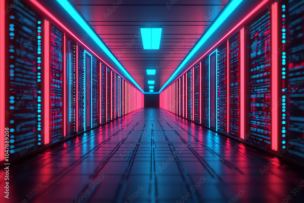 Poster abstract serverless network, floating data nodes, neon cyber glow