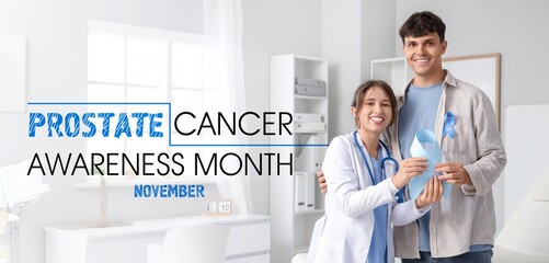Banner for Prostate Cancer Awareness Month with young man and doctor holding blue ribbon