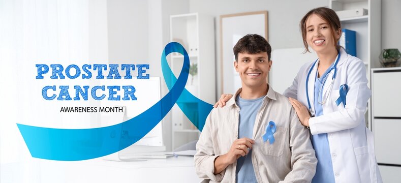 Banner for Prostate Cancer Awareness Month with young man and doctor in clinic