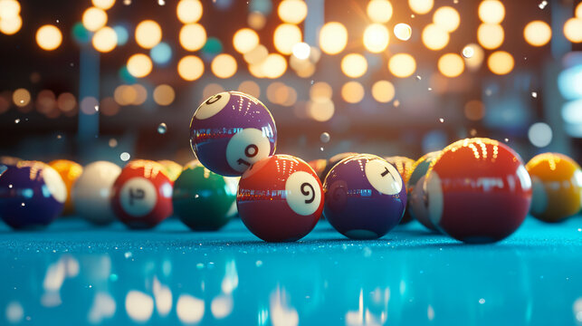 Colorful pool balls scattering on vibrant table, creating lively atmosphere