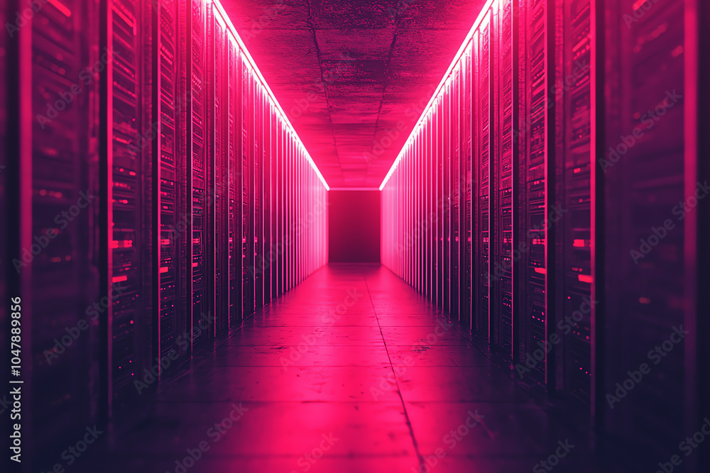 Poster abstract serverless network, floating data nodes, neon cyber glow