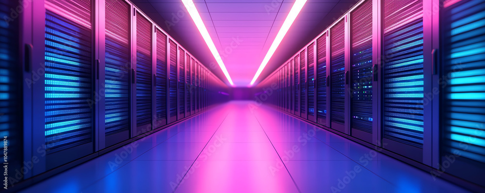 Poster floating cloud servers, serverless computing, neon digital connections
