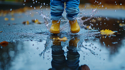 child splashing in puddle, water droplets frozen in mid air, evokes joy
