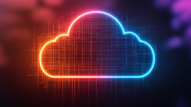 Serverless cloud architecture, vibrant digital hubs, futuristic neon environment