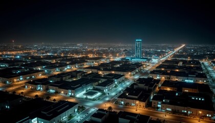 Fototapeta premium Bright cityscape at night illuminated by streetlights and building lights