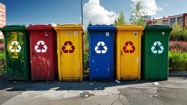 A row of vibrant recycling bins in red, yellow, blue, and green is placed in a city setting, encouraging proper waste disposal and environmental care.