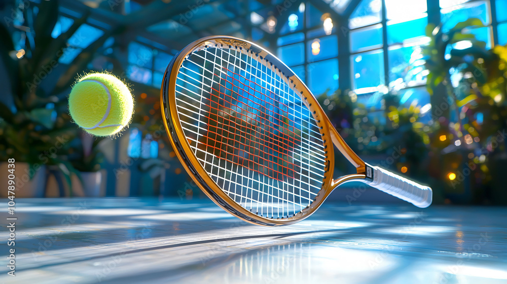 Poster tennis racket hitting ball with strings rippling in vibrant setting