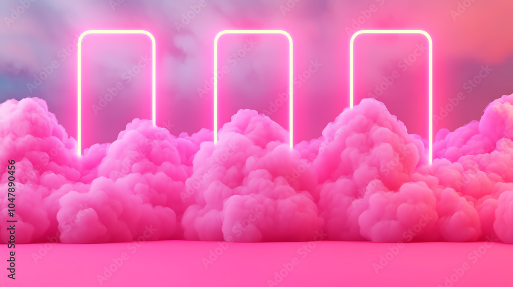 Poster serverless computing clouds, abstract neon data, futuristic landscape