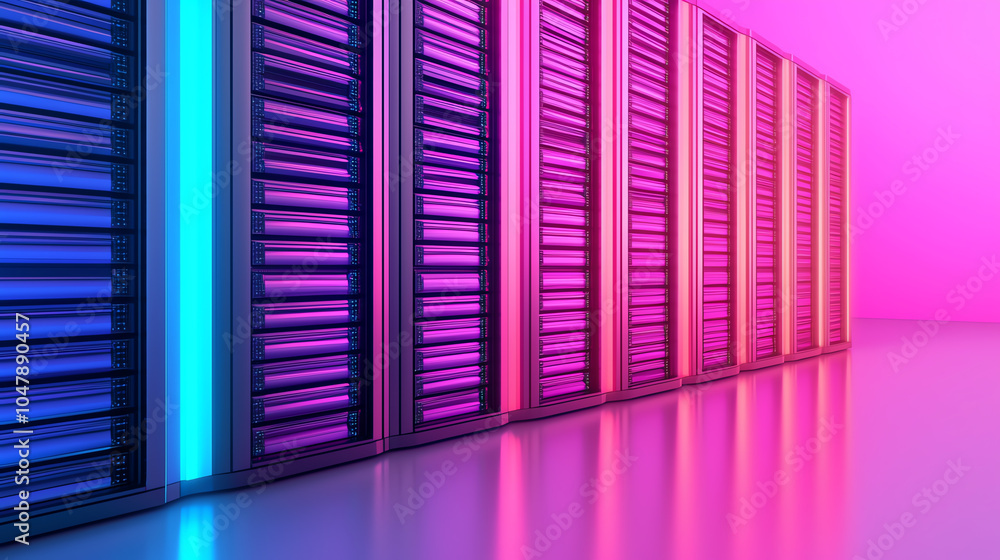 Poster serverless computing, glowing neon data hubs, futuristic urban environment