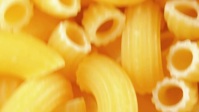 Uncooked Chifferi Rigati Pasta - Top View, Close-Up. Fat and Unhealthy Food. Classic Dry Macaroni, Moving Upward Background. Italian Culture and Cuisine. Raw Golden Pasta Texture in Move