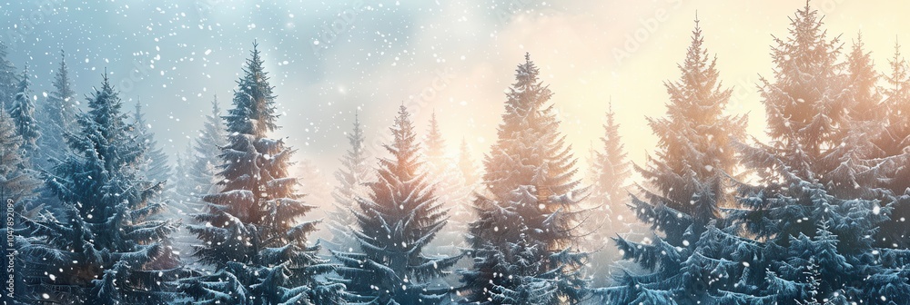 Leinwandbilder snow gently falls on towering pine trees, creating a tranquil winter atmosphere as golden light filt