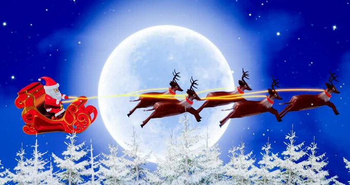 Christmas Eve, Santa Claus gives gifts in the sky with a bright blue Super Full moon on a snowy night. Village in the middle of a pine forest on a mountain, high in snow. 3D Rendering