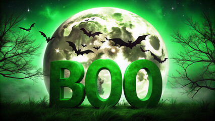 Boo in glowing green with shadows of bats under full moon creates spooky atmosphere