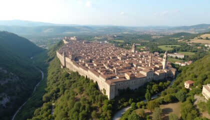 Fototapeta premium Enchanting medieval fortress overlooking verdant landscape
