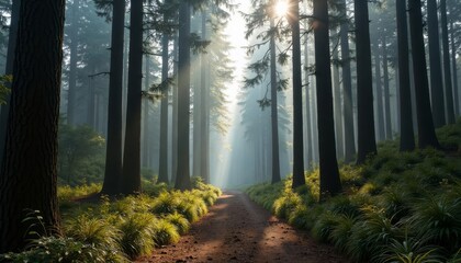 Obraz premium Enchanted Forest Path A Journey Through Natures Majesty