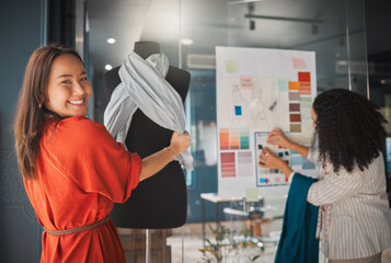 Business, woman and happy with mannequin as fashion designer at office with patterns for clothing...