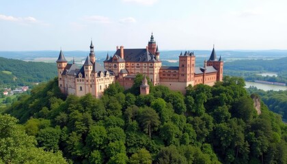 Fototapeta premium Enchanting castle on a verdant hill a testament to timeless grandeur