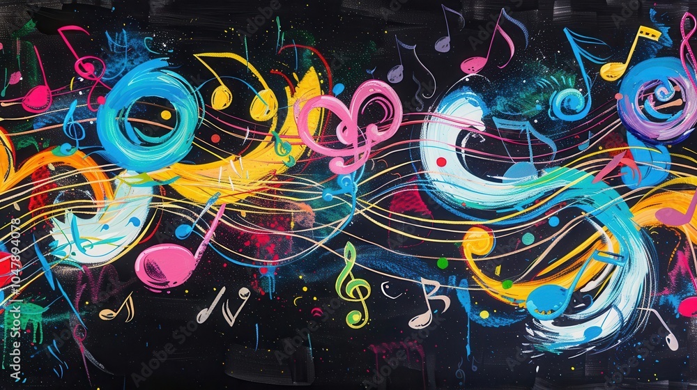 Aufkleber Colorful brushstrokes intertwine with musical notes on a chalkboard, creating an engaging and creative atmosphere for learning. Generative AI