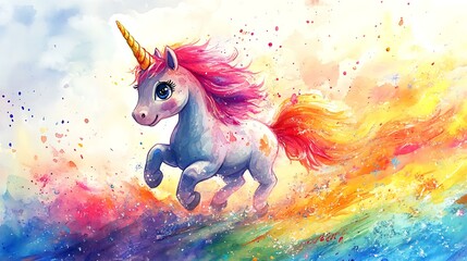 Obraz premium Joyful Chibi Unicorn Running in Colorful Landscape